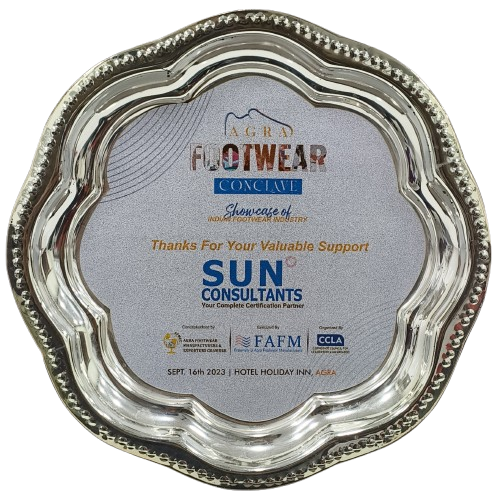 Recognition award presented to Sun Certification India for valuable support in understanding BIS certification at the Agra Footwear Conclave.