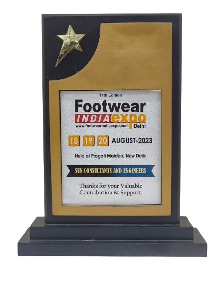 Recognition trophy for Sun Certification India for their valuable contribution on BIS certifications at the 17th edition Footwear India Expo Delhi