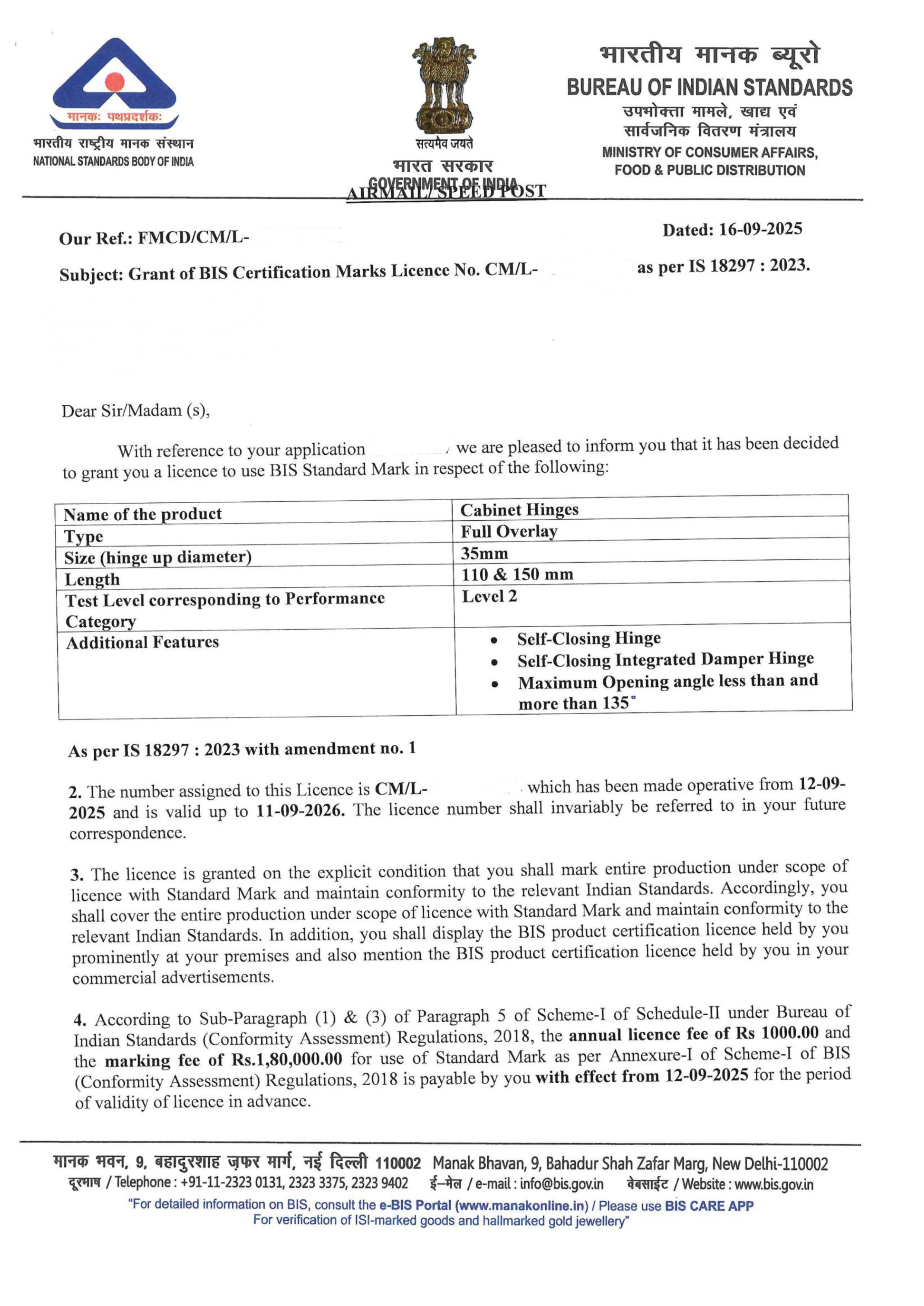 BIS Certification Grant Letter successfully obtained for Cabinet hinges under IS 18297:2023 with expert assistance from Sun Certifications India.