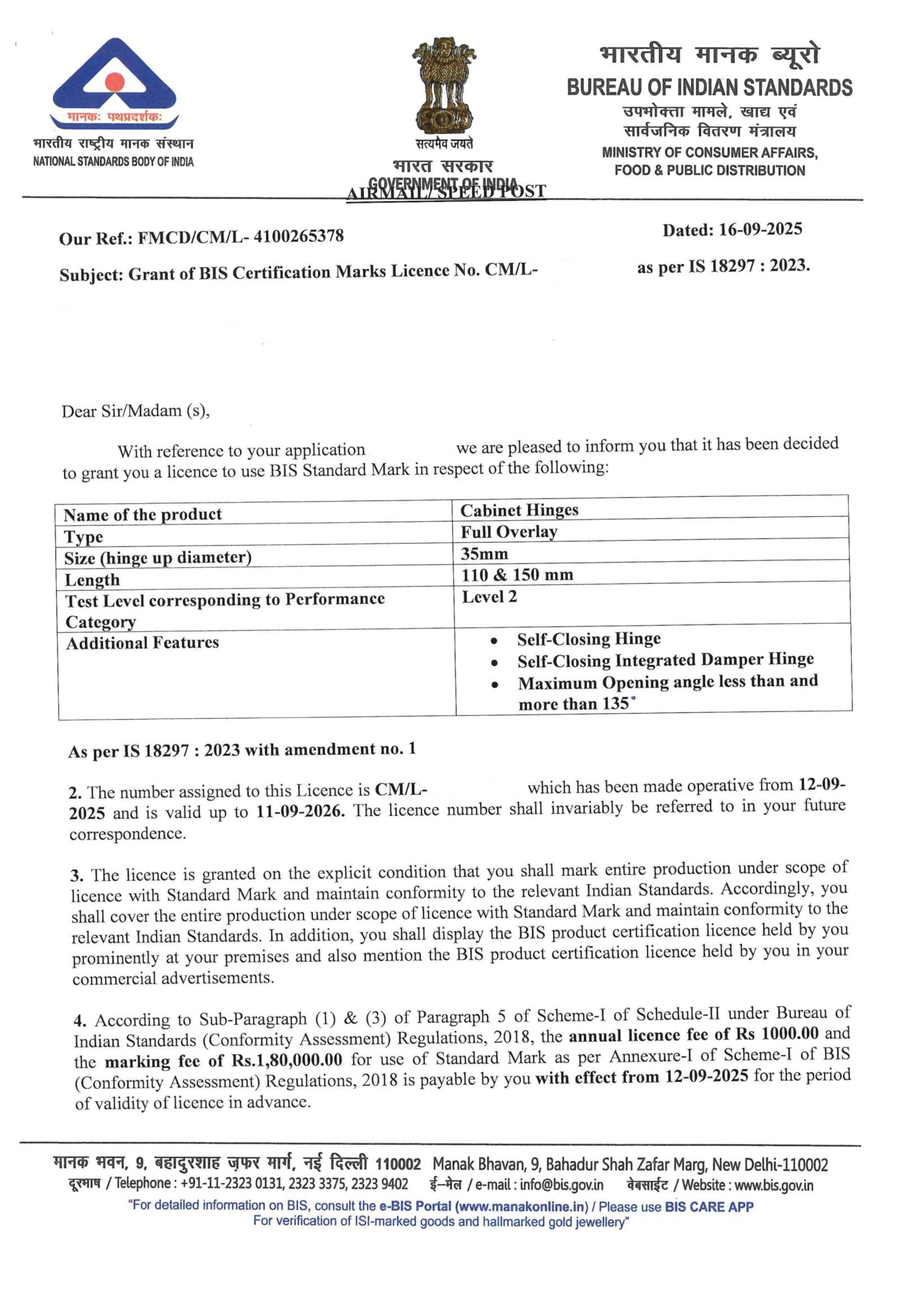BIS Certification Grant Letter successfully obtained for Cabinet hinges under IS 18297:2023 with expert assistance from Sun Certifications India.