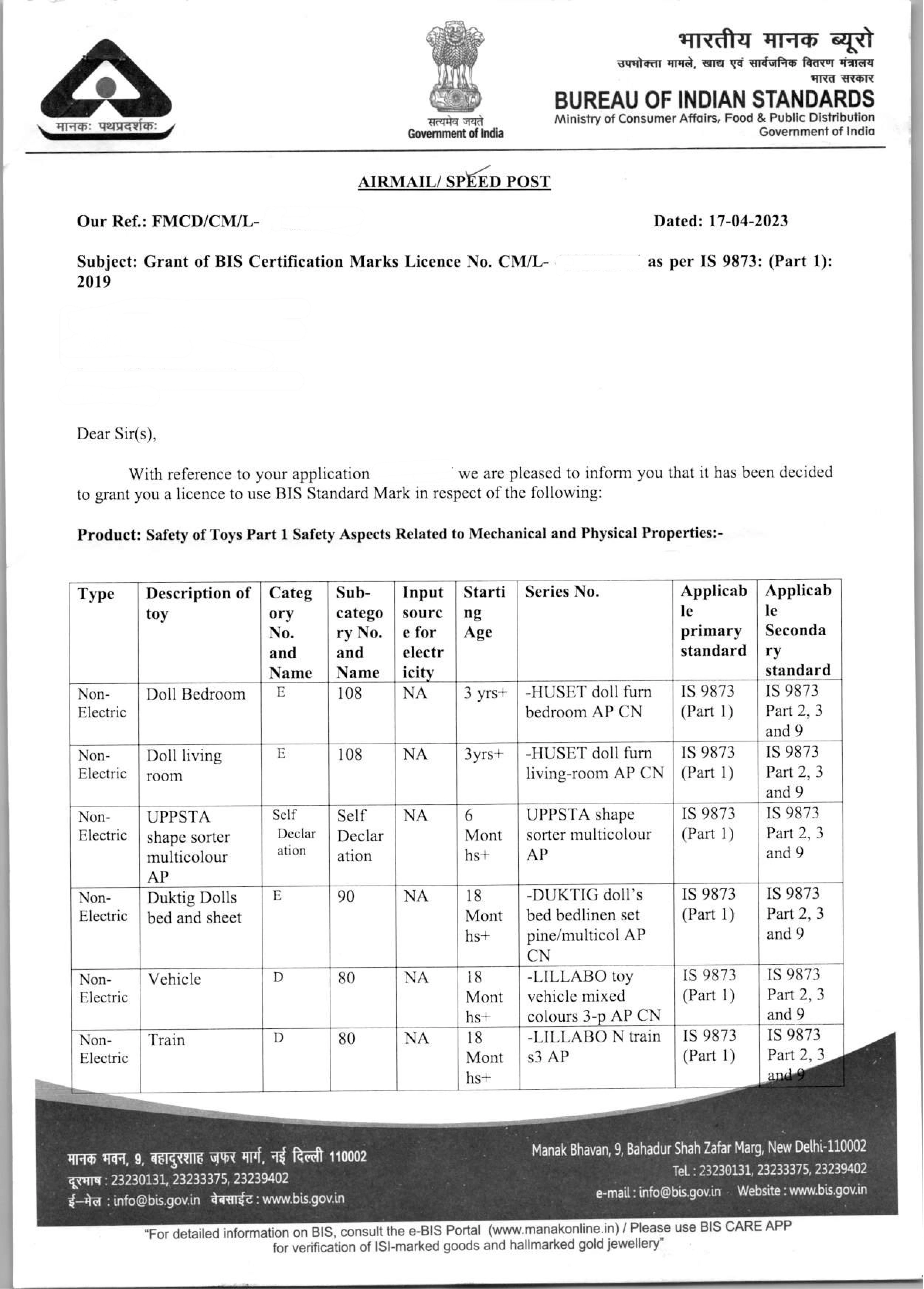 BIS Certificate Grant Letter successfully obtained for Safety of Toys Part I Safety Aspects Related to Mechanical and Physical Properties under IS 9873 (Part 1):2018 for foreign manufacturer with expert assistance from Sun Certifications India.