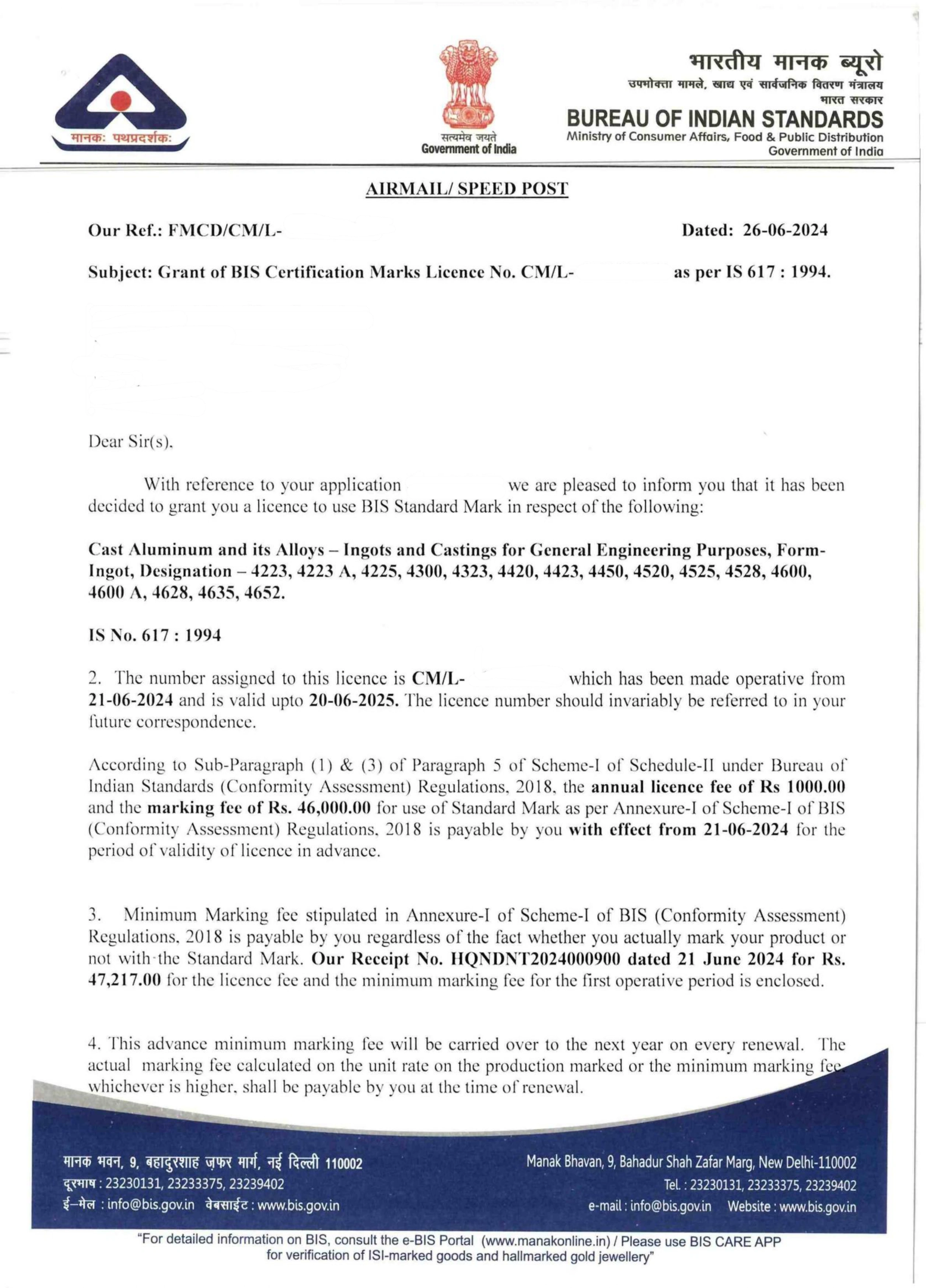 BIS Certification Grant Letter successfully obtained for Cast aluminium and its alloys - Ingots and castings for general engineering purposes under IS 617:1994 for foreign manufacturer with expert assistance from Sun Certifications India.