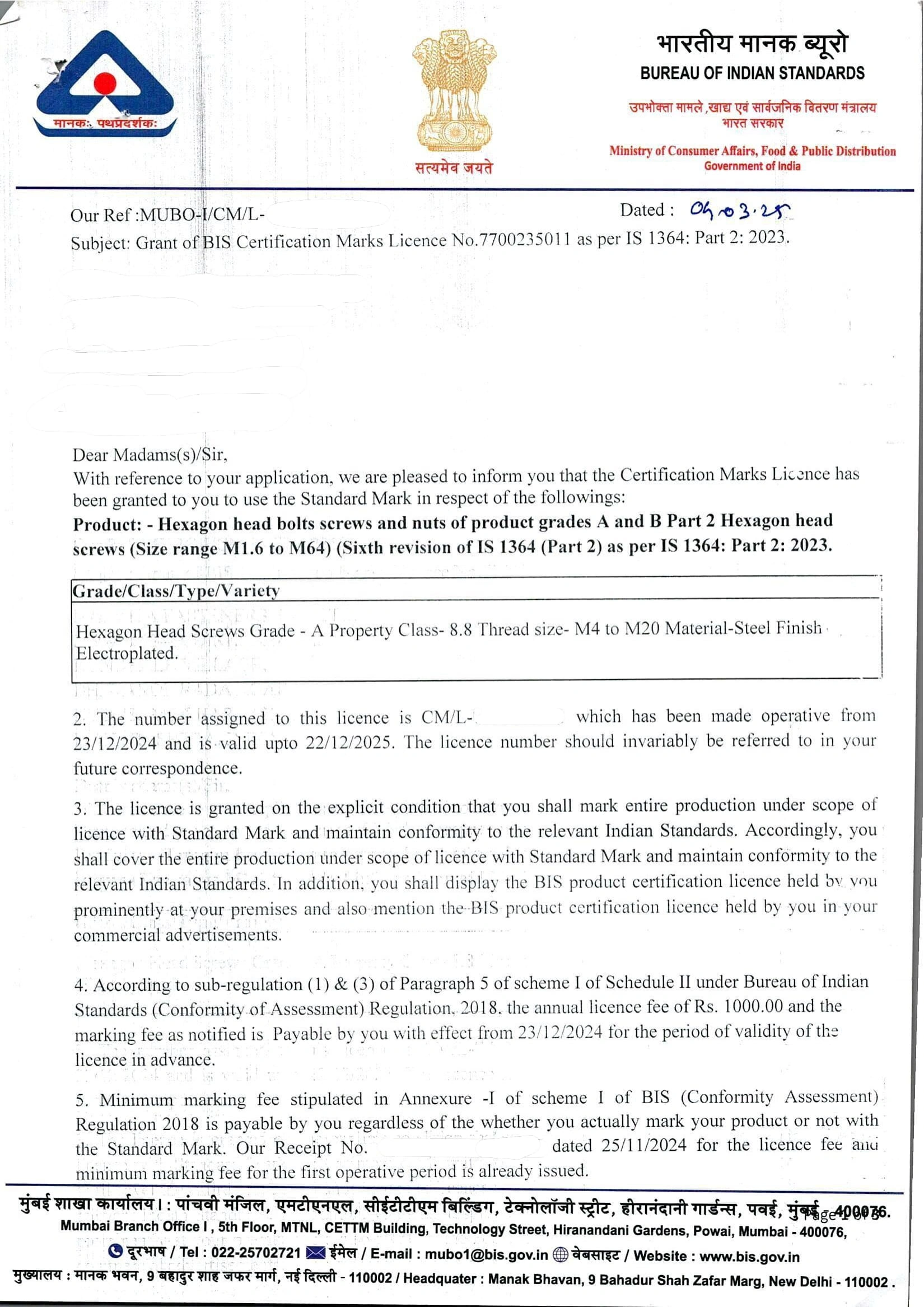 BIS Certification Grant Letter successfully obtained for Hexagon Head Bolts, Screws and Nuts of Product Grades A and B - Hexagon Head Screws under IS 1364 Part 2:2023 with expert assistance from Sun Certifications India.