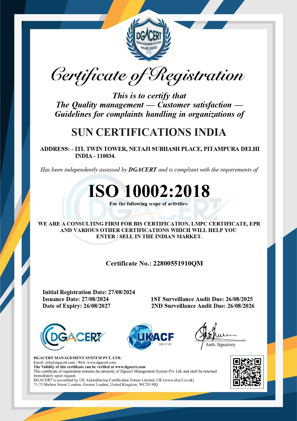 ISO Certificate of Sun Certifications India for Customer Satisfaction for complaints handling in organization - ISO 10002:2018