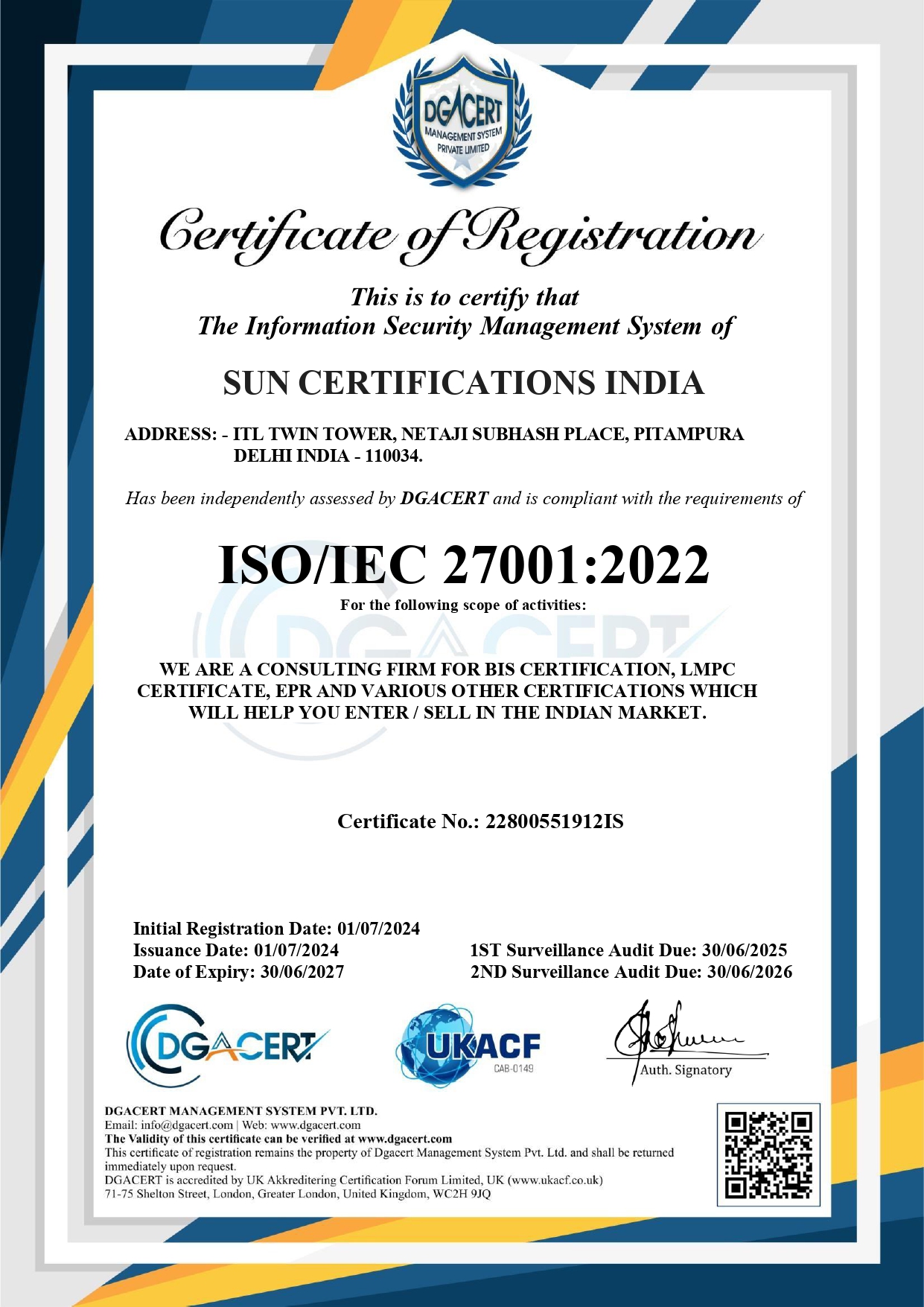 ISO Certificate of Sun Certifications India for the information security management system - ISO 27001:2022